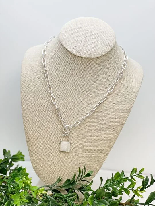 Shop Dazzling Jewelry With Special Promotional Discounts Matte Chain Link Lock Pendant Necklace - Silver Shop Dazzling Jewelry With Special Promotional Discounts Matte Chain Link Lock Pendant Necklace - Silver