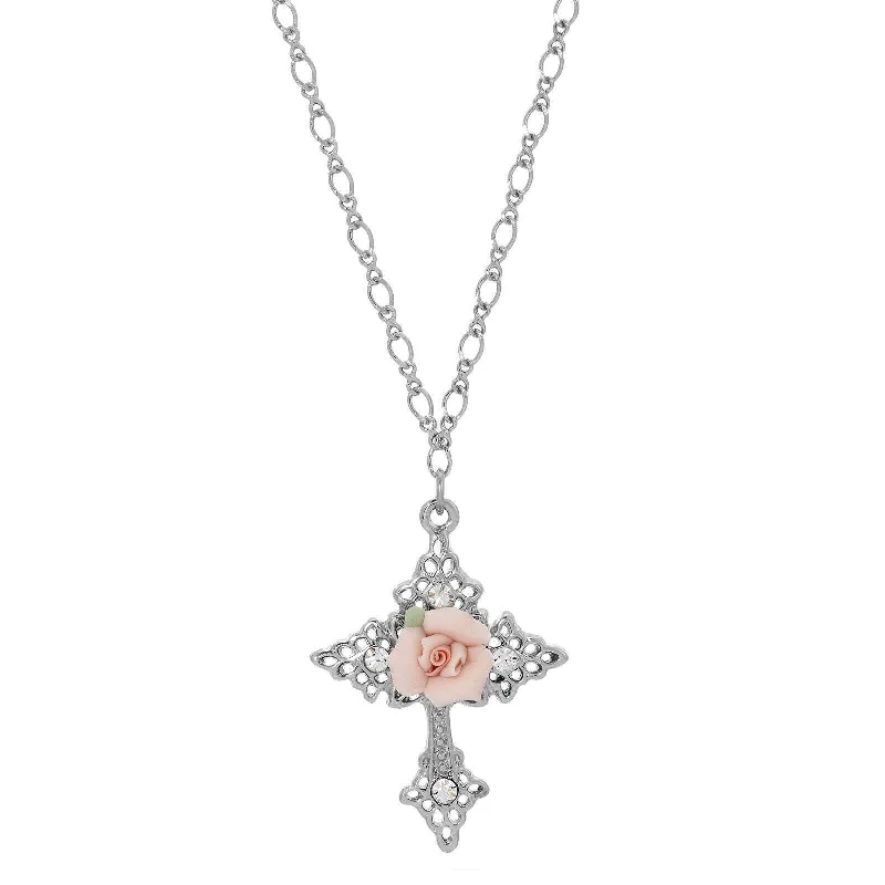 Fashion-Forward Jewelry At Exclusive Discounts Symbols Of Faith Crystal And Porcelain Rose Cross Pendant Necklace 18"