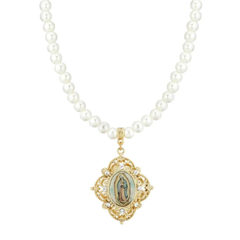 Limited-Time Offer On Elegant Jewelry Pieces Symbols Of Faith White 6mm Faux Pearl Strand Virgen De Guadalupe Pendant Necklace 15" + 3" Extender Limited-Time Offer On Elegant Jewelry Pieces Symbols Of Faith White 6mm Faux Pearl Strand Virgen De Guadalupe Pendant Necklace 15" + 3" Extender