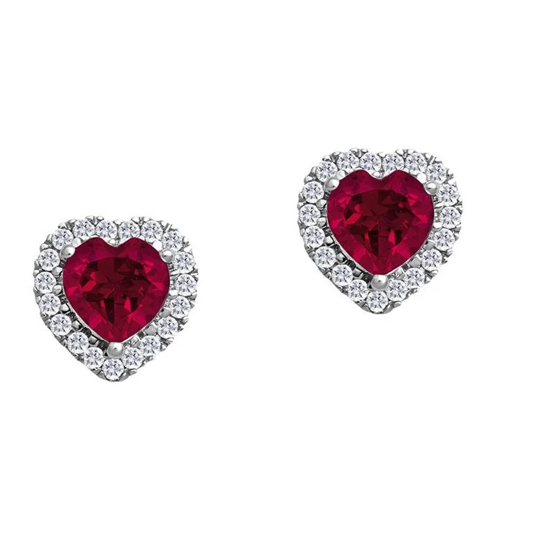 Luxury Jewelry Now At Special Promotional Rates Limited Edition 5MM Heart Shape Ruby and White Sapphire Birthstone Halo Stud Earrings in 10KT White Gold Luxury Jewelry Now At Special Promotional Rates Limited Edition 5MM Heart Shape Ruby and White Sapphire Birthstone Halo Stud Earrings in 10KT White Gold
