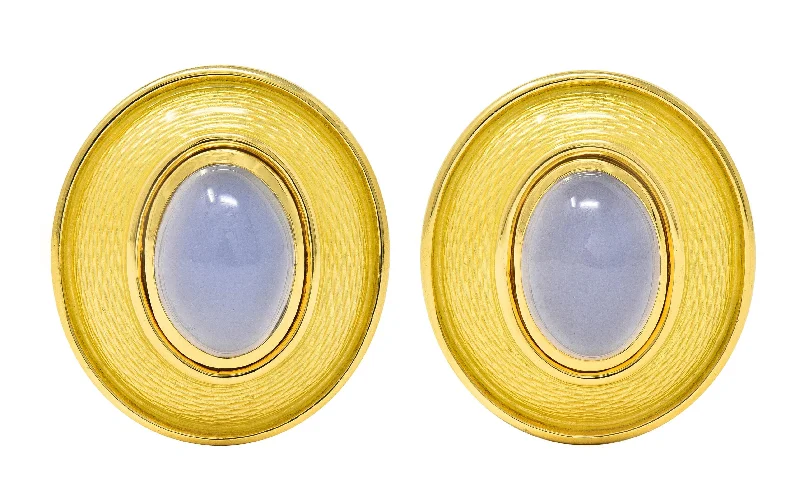 Huge Savings On Timeless Jewelry Collections Trend Alert DeVroomen 1998 Blue Chalcedony Enamel 18 Karat Yellow Gold Vintage Ear Clip Earrings Huge Savings On Timeless Jewelry Collections Trend Alert DeVroomen 1998 Blue Chalcedony Enamel 18 Karat Yellow Gold Vintage Ear Clip Earrings